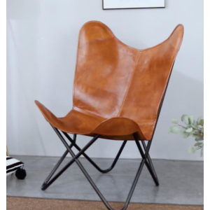 Retro Butterfly Chair Genuine Brown Leather Vintage Industrial Style Metal Seat - Image 10