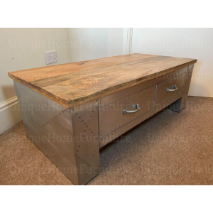 Aviator Style Coffee Table Vintage Industrial Large rustic Solid Wood Storage Drawers - Image 3