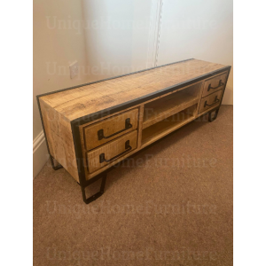 Industrial TV Stand Rustic Solid Wood Media Cabinet Vintage Metal Unit - Image 3