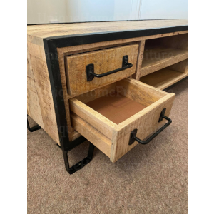 Industrial TV Stand Rustic Solid Wood Media Cabinet Vintage Metal Unit - Image 4