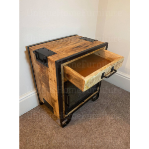 Industrial Bedside Table Vintage Side Cabinet Rustic Metal Stand Solid Wood Unit - Image 4