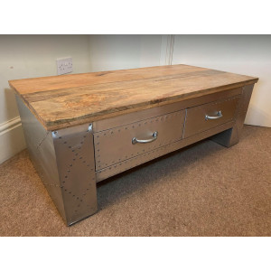 Aviator Style Coffee Table Vintage Industrial Large rustic Solid Wood Storage Drawers