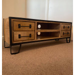 Industrial TV Stand Rustic Solid Wood Media Cabinet Vintage Metal Unit