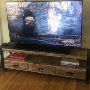 Industrial TV Stand Rustic Solid Wood Vintage Storage Unit Metal Media Cabinet - Image 4