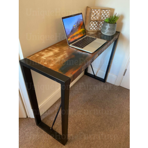 Industrial Computer Desk Vintage Writing Console Table Rustic Metal Solid Wood Office - Image 4
