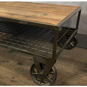 Industrial Coffee Table Rustic Wheel Shelf - Image 3