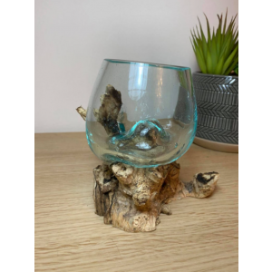 Melted Glass Bowl Rustic Solid Wood Candle Holder Small Round Ornament Stand - Image 2