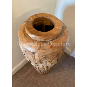 Large Rustic Vase Solid Teak Wood Floor Free Standing Wooden Home Decor - Image 4