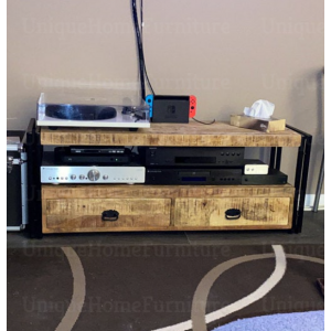 Industrial TV Stand Rustic Metal Cabinet Small Solid Wood Media 2 Drawer Shelf Unit - Image 3