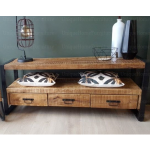 Industrial TV Stand Rustic Solid Wood Vintage Storage Unit Metal Media Cabinet - Image 5
