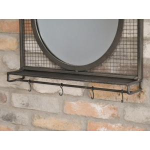Industrial Wall Mirror Round Vintage Bathroom Shelf Rustic Hallway Metal Hooks - Image 2