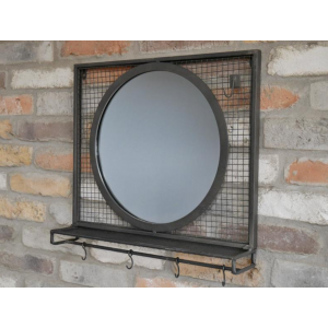 Industrial Wall Mirror Round Vintage Bathroom Shelf Rustic Hallway Metal Hooks - Image 3