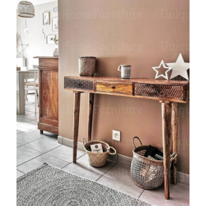 Nordic Console Table Rustic Solid Wood Hallway Furniture Vintage Scandinavian Slim Sideboard - Image 3
