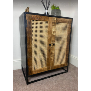 Rustic Side Cabinet Rattan Cane Style Cupboard Vintage Industrial Console Table Unit - Image 4