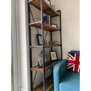 Tall Industrial Bookcase Vintage Rustic Metal Display Cabinet Solid Wood Shelf Unit - Image 3
