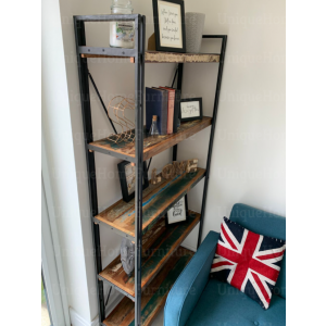 Tall Industrial Bookcase Vintage Rustic Metal Display Cabinet Solid Wood Shelf Unit - Image 4