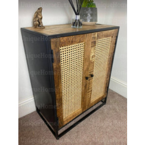 Rustic Side Cabinet Rattan Cane Style Cupboard Vintage Industrial Console Table Unit - Image 5