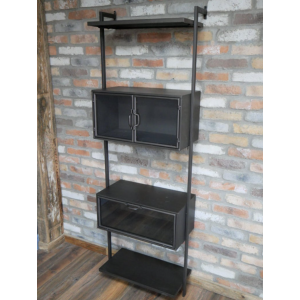 Industrial Display Cabinet Vintage Wall Shelving Unit Rustic Metal Tall Glass - Image 5