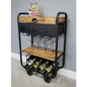 Industrial Drinks Trolley Rustic Metal Mini Bar Wine Cabinet Glass Bottle Holder - Image 2