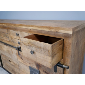 Industrial Storage Sideboard Rustic Solid Wood Cabinet Large Metal Sliding Doors - Image 9