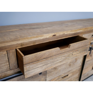 Industrial Storage Sideboard Rustic Solid Wood Cabinet Large Metal Sliding Doors - Image 10