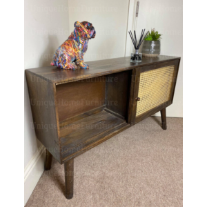 Rustic Side Cabinet Cane/Rattan Storage Sideboard Vintage Wooden Cupboard - Image 2