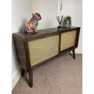 Rustic Side Cabinet Cane/Rattan Storage Sideboard Vintage Wooden Cupboard - Image 3