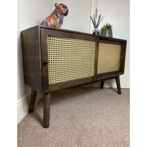 Rustic Side Cabinet Cane/Rattan Storage Sideboard Vintage Wooden Cupboard - Image 4