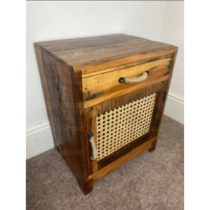 Rustic Bedside Table Rattan Storage Cabinet Vintage Solid Wood Nightstand Unit - Image 4
