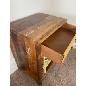 Rustic Bedside Table Rattan Storage Cabinet Vintage Solid Wood Nightstand Unit - Image 3