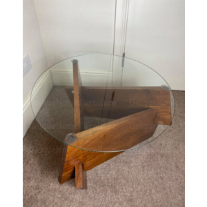 Rustic Coffee Table Modern Round Glass Solid Wood Sofa End Side Furniture - Image 4
