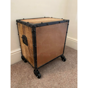 Industrial Bedside Table Rustic Solid Wood Wheels Storage Cabinet Vintage Metal Office - Image 3