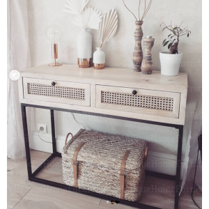 Rattan Console Table Rustic Solid Wood Sideboard Vintage Hallway Side Cabinet - Image 3