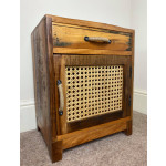 Rustic Bedside Table Rattan Storage Cabinet Vintage Solid Wood Nightstand Unit
