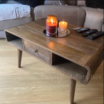 Nordic Coffee Table Vintage Storage Drawer Scandinavian Solid Wood Unit