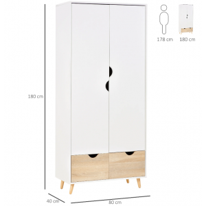 Scandinavian Wardrobe 2 Door Drawer Bedroom Cupboard Vintage White Storage Cabinet - Image 6
