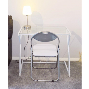 Small Computer Desk White Modern Glass Study Metal PC Office Writing Table - Image 4