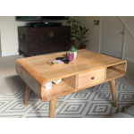 Nordic Coffee Table Vintage Scandinavian Storage Drawers Solid Wood Modern Shelf