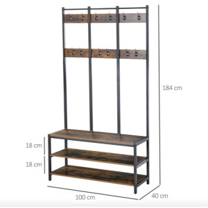 Industrial Coat Rack Vintage Hallway Hooks Tree Stand Large Rustic Shoe Bench - Image 4