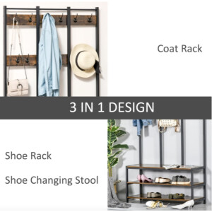 Industrial Coat Rack Vintage Hallway Hooks Tree Stand Large Rustic Shoe Bench - Image 5