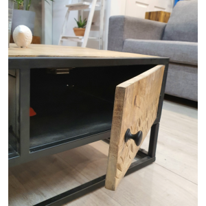Industrial Coffee Table Rustic Metal Storage Shelf Furniture Vintage Solid Wood Side Door - Image 4