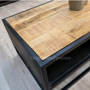 Industrial Coffee Table Rustic Metal Storage Shelf Furniture Vintage Solid Wood Side Door - Image 3