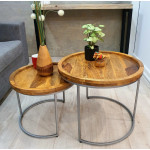 Industrial Nest of Tables Rustic Solid Wood Furniture Vintage Coffee Set 2 Round Side Stand