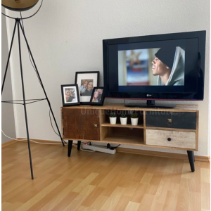 Rustic TV Stand Vintage Industrial Solid Wood Media Cabinet Metal Storage Unit - Image 3