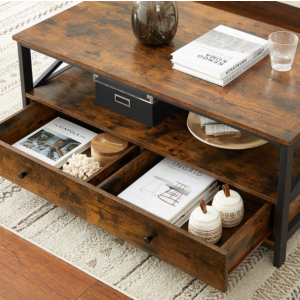 Industrial Coffee Table Vintage Style Storage Drawer Rustic Metal Furniture Large Unit - Image 3