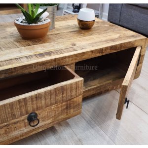 Rustic Coffee Table Solid Wood Storage Cupboard Door Drawer - Image 4
