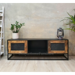 Industrial TV Stand Vintage Retro Media Unit Rustic Solid Wood Metal 2 Door Cabinet