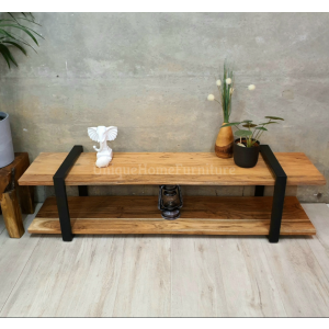 Rustic TV Stand Vintage Industrial Style Solid Wood Media Cabinet Shelf Metal Unit - Image 3