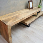 Industrial TV Stand Large Rustic Solid Wood Shelf Unit Vintage Metal Media Cabinet