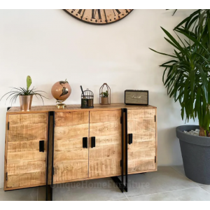 Large Storage Sideboard Vintage Industrial Metal Side Cabinet Rustic Solid Wood Cupboard Unit - Image 2